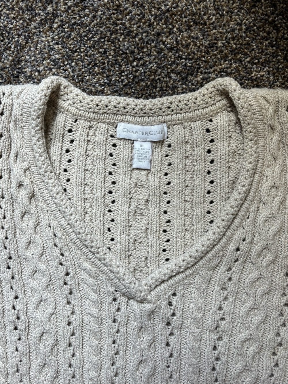 Charter Club Cable Knit Sweater Flax color Cotton XL V-neck Coastal-Fisherman